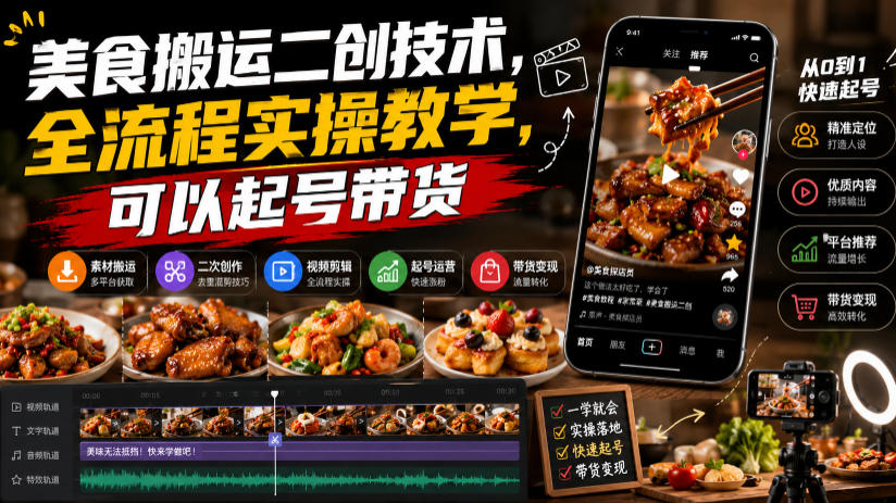美食搬运二创技术,全流程实操教学,可以起号带货-云科数创