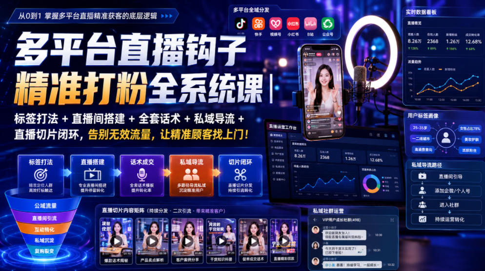 多平台直播钩子精准打粉全系统课|标签打法+直播间搭建+全套话术+私域导流+直播切片闭环,告别无效流量,让精准顾客找上门!-云科数创