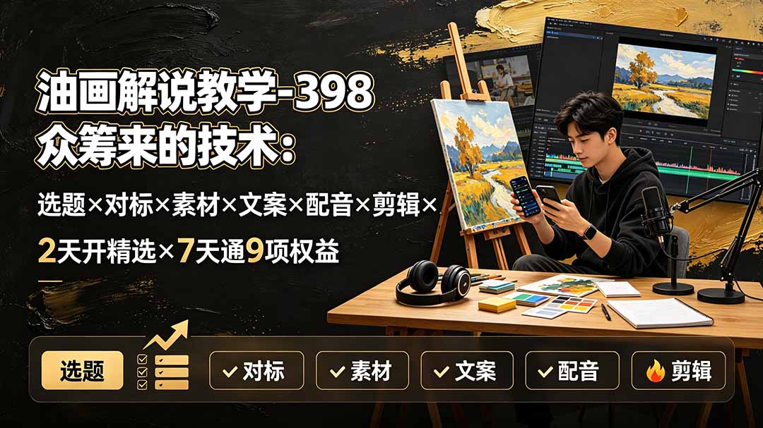 油画解说教学-398众筹来的技术：选题×对标×素材×文案×配音×剪辑×2天开精选×7天通9项权益-云科数创