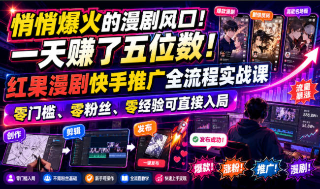 悄悄爆火的漫剧风口！一天賺了五位数！红果漫剧快手推广全流程实战课，零门槛、零粉丝、零经验可直接入局-云科数创