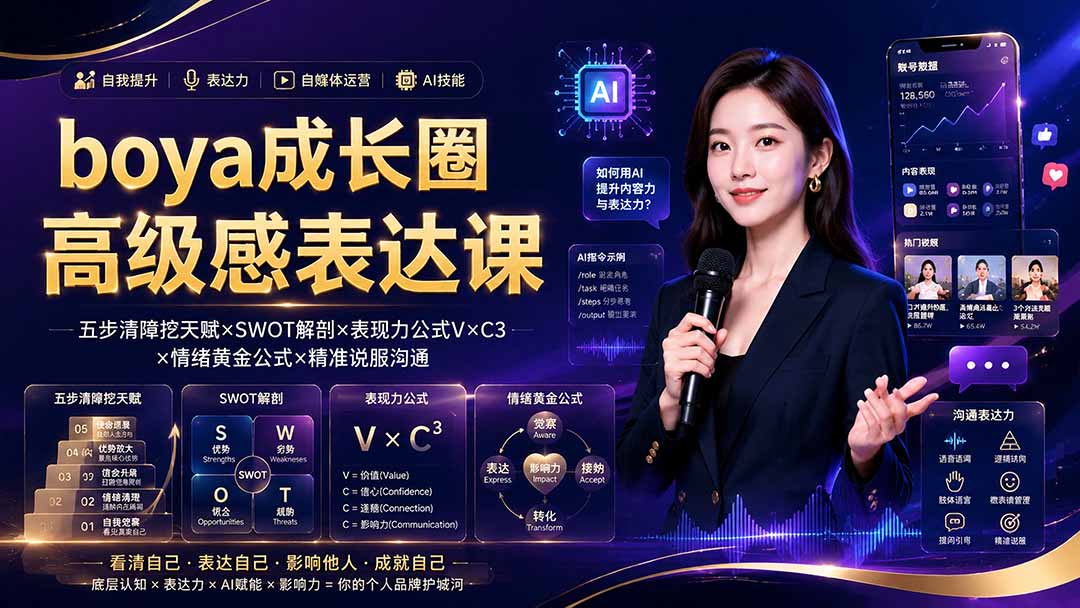 boya成长圈｜内心成长高级表达AI自媒体三合一，消解内耗挖掘天赋，镜头沟通AI指令短视频全流程教学-云科数创