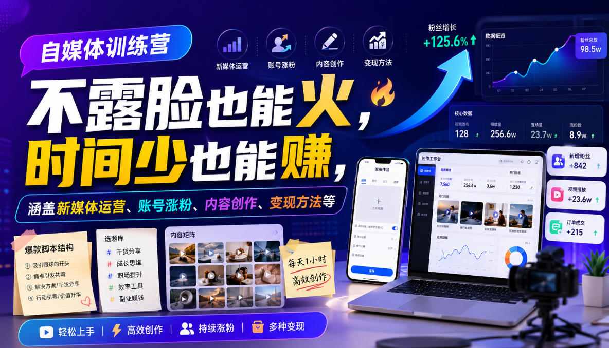 自媒体训练营，不露脸也能火，时间少也能賺，涵盖新媒体运营、账号涨粉、内容创作、变现方法等-云科数创