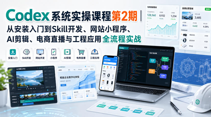 Codex系统实操课程第2期｜从安装入门到Skill开发、网站小程序、AI剪辑、电商直播与工程应用全流程实战-云科数创