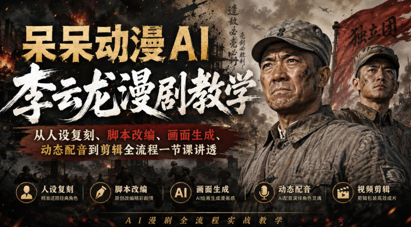 呆呆动漫AI李云龙漫剧教学,从人设复刻、脚本改编、画面生成、动态配音到剪辑全流程一节课讲透-云科数创