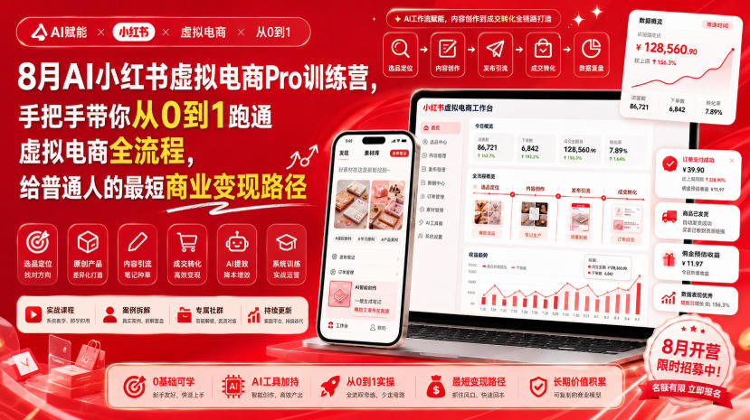 8月AI小红书虚拟电商Pro训练营，手把手带你从0到1跑通虚拟电商全流程，给普通人的最短商业变现路径(更新0827)-云科数创