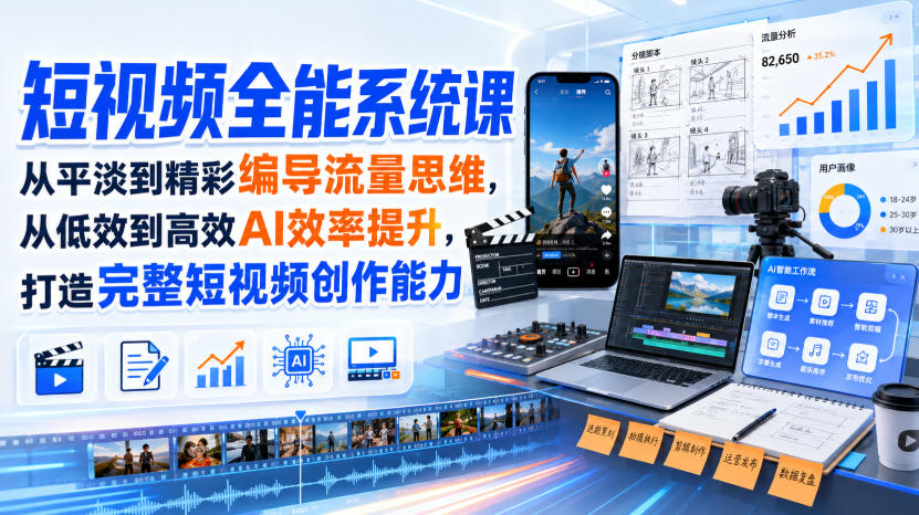 短视频全能系统课,从平淡到精彩编导流量思维,从低效到高效AI效率提升,打造完整短视频创作能力(2026年8月30更新233集)-云科数创
