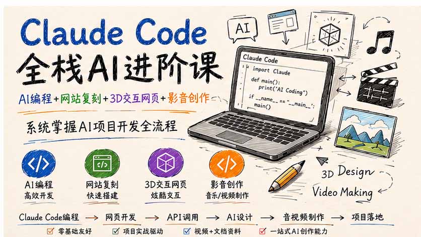 Claude Code全栈AI进阶课-更新;AI编程+网站复刻+3D交互网页+影音创作,系统掌握AI项目开发全流程-云科数创