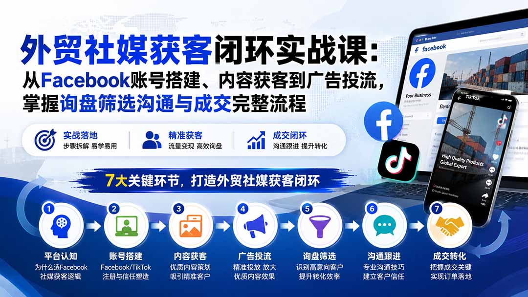 外贸社媒获客闭环实战课:从Facebook账号搭建、内容获客到广告投流,掌握询盘筛选沟通与成交完整流程-云科数创