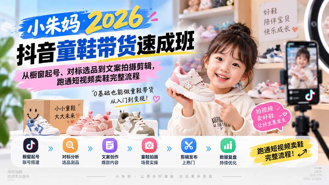小朱妈2026抖音童鞋带货速成班:从橱窗起号、对标选品到文案拍摄剪辑,跑通短视频卖鞋完整流程-云科数创