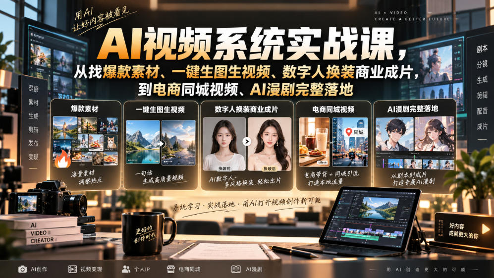 AI视频系统实战课,从找爆款素材、一键生图生视频、数字人换装商业成片,到电商同城视频、AI漫剧完整落地-云科数创