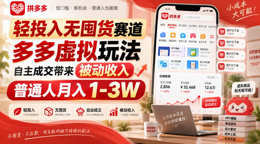 轻投入无囤货赛道,多多虚拟玩法自主成交带来被动收入,普通人月入1-3W-云科数创
