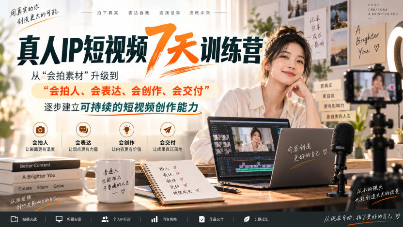 真人IP短视频7天训练营,从“会拍素材”升级到“会拍人、会表达、会创作、会交付”,逐步建立可持续的短视频创作能力-云科数创