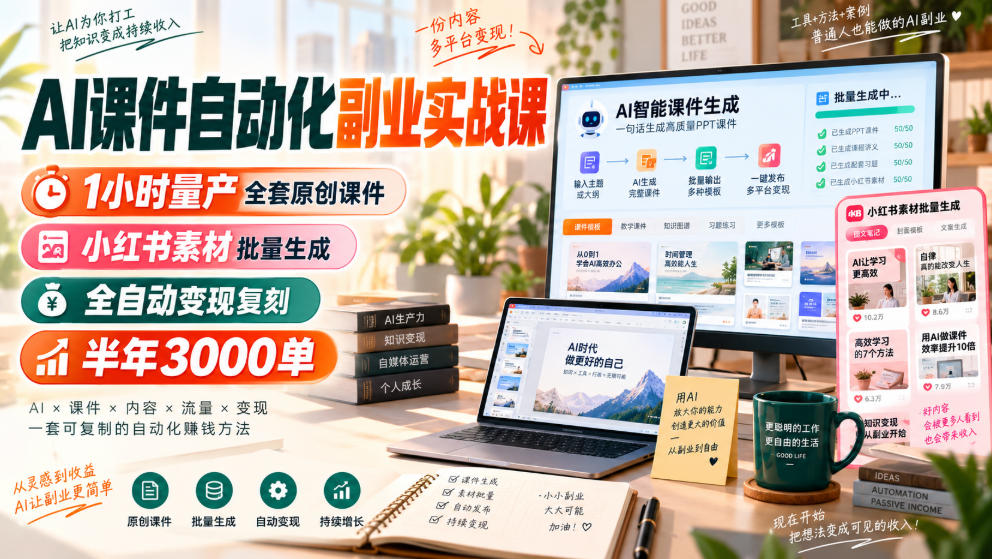 AI课件自动化副业实战课，1小时量产全套原创课件，小红书素材批量生成，全自动变现复刻，半年3000单-云科数创