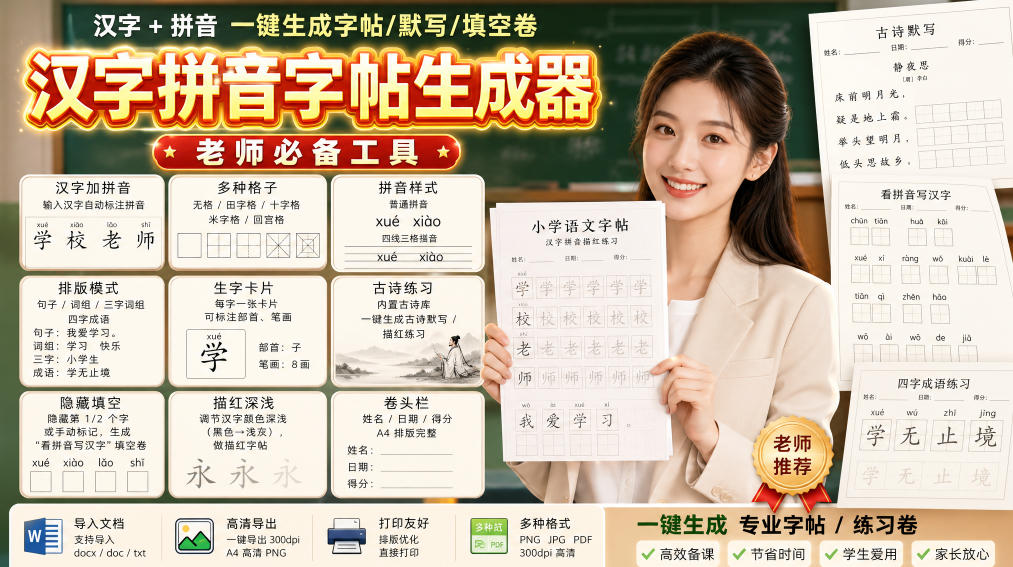 学习神器,汉字拼音字帖生成器,汉字+拼音 一键生成字帖/默写/填空卷,支持词组、成语,老师、家长必备-云科数创
