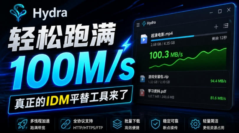 轻松跑满100M/s,真正的IDM平替工具来了,开源多线程器,支持浏览器拓展,一键智能加速Hydra Download Manager-云科数创