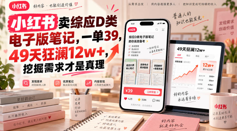 小红书卖综应D类电子版笔记,一单39,49天狂澜12w+,挖掘需求才是真理-云科数创