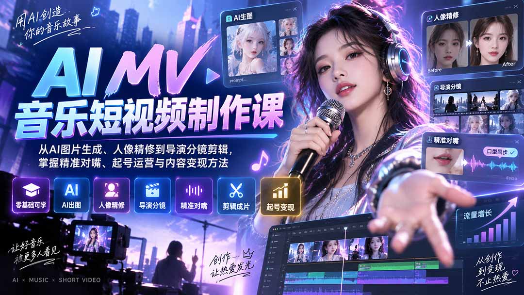 AI MV音乐短视频制作课:从AI图片生成、人像精修到导演分镜剪辑,掌握精准对嘴、起号运营与内容变现方法-云科数创