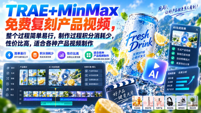 TRAE+MinMax免费复刻产品视频,整个过程简单易行,制作过程积分消耗少,性价比高,适合各种产品视频制作-云科数创