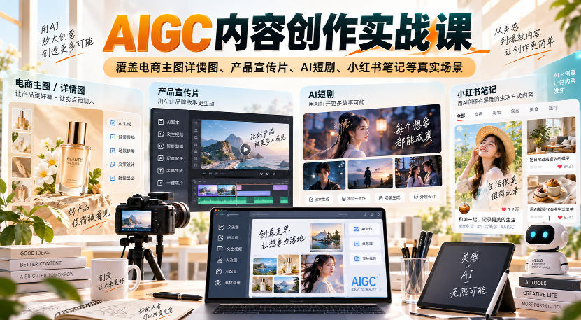 AIGC内容创作实战课,覆盖电商主图详情图、产品宣传片、AI短剧、小红书笔记等真实场景-云科数创