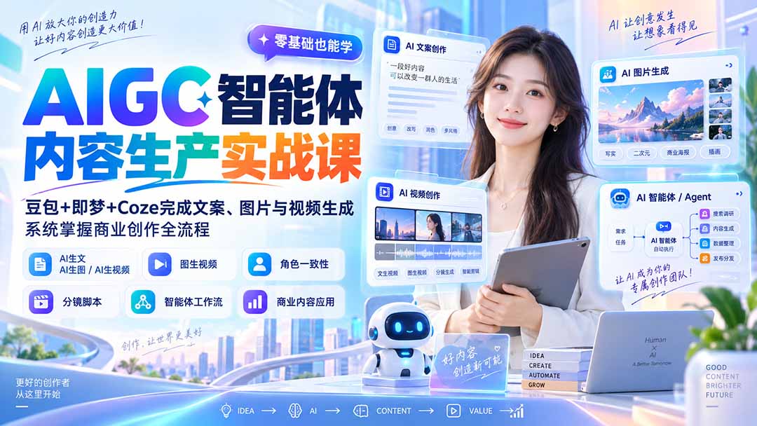 AIGC智能体内容生产实战课:豆包+即梦+Coze完成文案、图片与视频生成,系统掌握商业创作全流程-云科数创