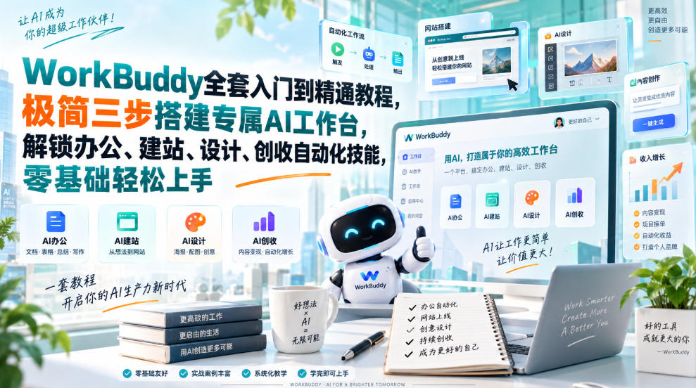 WorkBuddy全套入门到精通教程,极简三步搭建专属AI工作台,解锁办公、建站、设计、创收自动化技能,零基础轻松上手-云科数创
