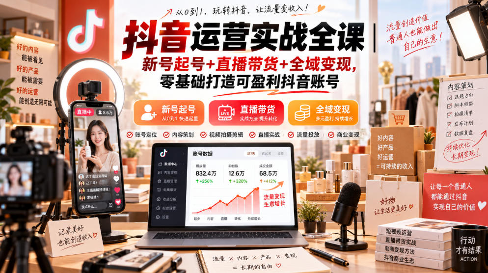 抖音运营实战全课|新号起号+直播带货+全域变现,零基础打造可盈利抖音账号-云科数创