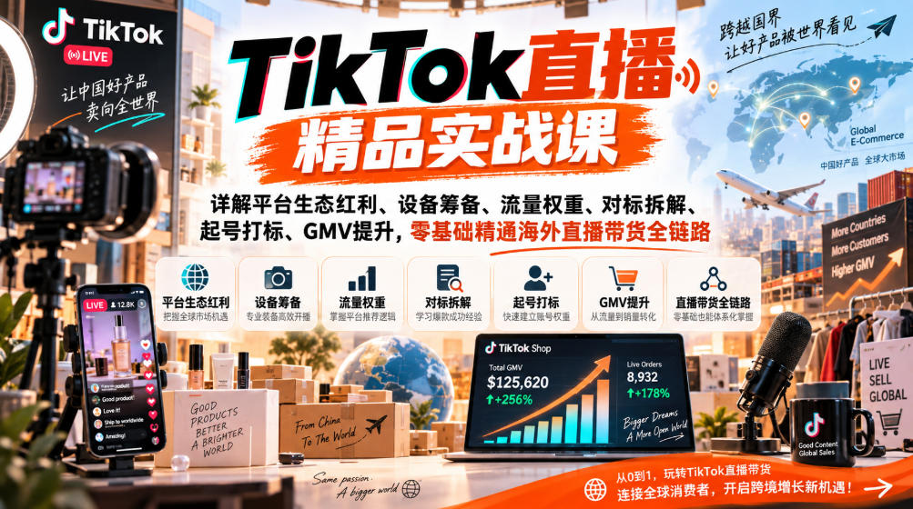 TikTok直播精品实战课,详解平台生态红利、设备筹备、流量权重、对标拆解、起号打标、GMV提升,零基础精通海外直播带货全链路-云科数创