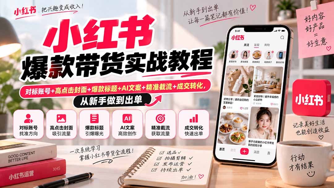 小红书爆款带货实战教程|对标账号+高点击封面+爆款标题+AI文案+精准截流+成交转化,从新手做到出单-云科数创