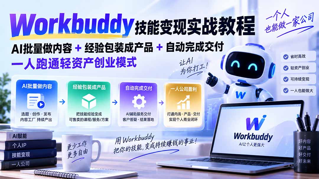Workbuddy技能变现实战教程:AI批量做内容+经验包装成产品+自动完成交付,一人跑通轻资产创业模式-云科数创