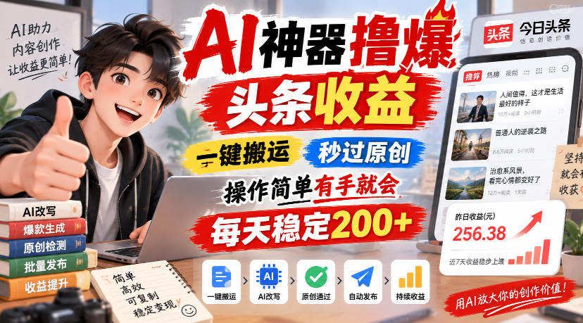 AI神器撸爆头条收益,一键搬运,秒过原创,操作简单有手就会,每天稳定200+【揭秘】-云科数创