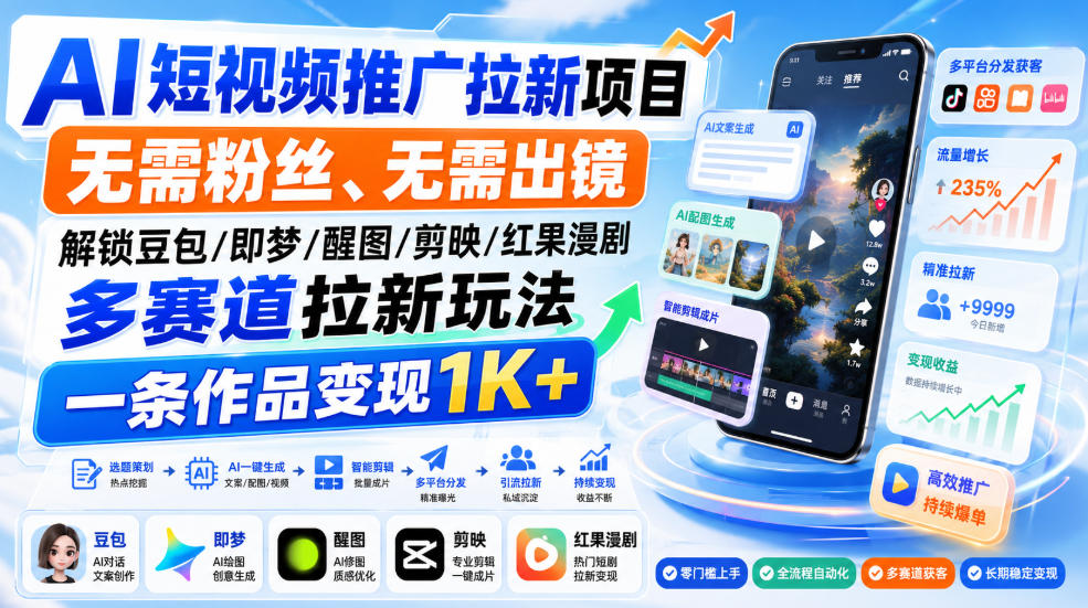 AI短视频推广拉新项目，无需粉丝、无需出镜，解锁豆包/即梦/醒图/剪映/红果漫剧多赛道拉新玩法，一条作品变现1K+(更新0918)-云科数创