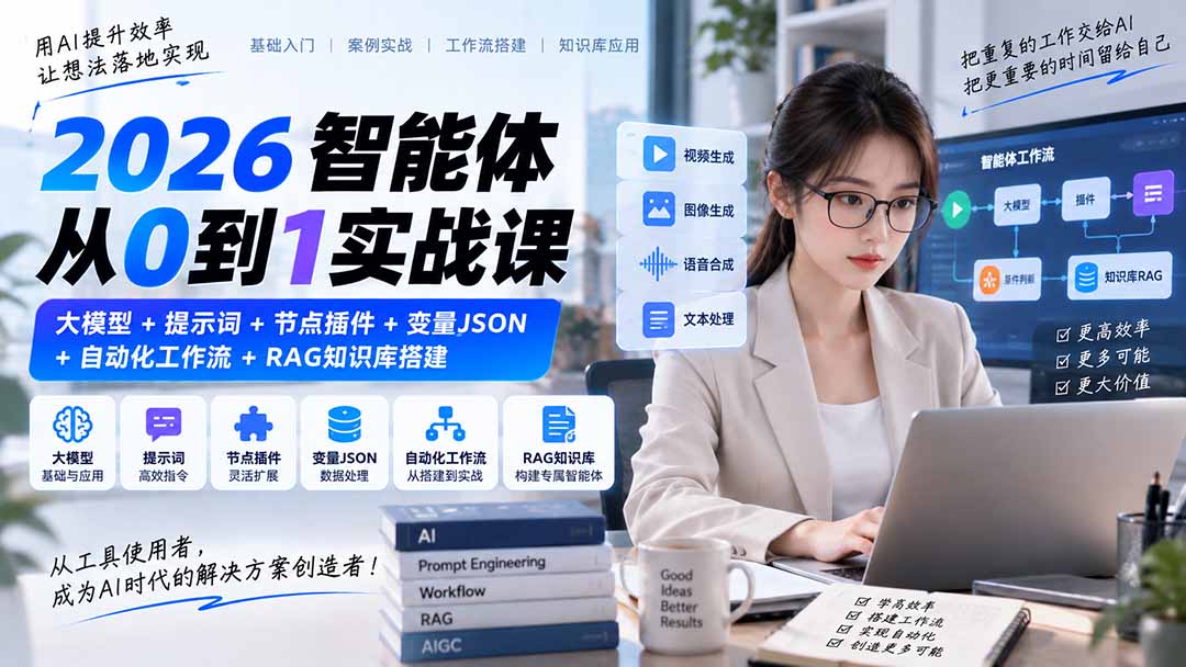 2026智能体从0到1实战课｜大模型+提示词+节点插件+变量JSON+自动化工作流+RAG知识库搭建-云科数创