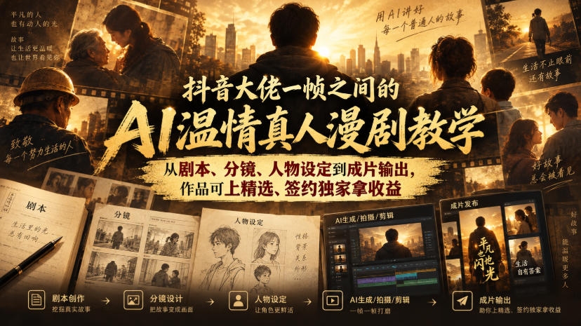 抖音大佬一帧之间的AI温情真人漫剧教学，从剧本、分镜、人物设定到成片输出，作品可上精选、签约独家拿收益-云科数创