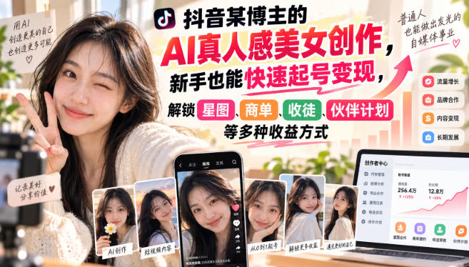 抖音某博主的AI真人感美女创作，新手也能快速起号变现，解锁星图，商单，收徒，伙伴计划等多种收益方式-云科数创