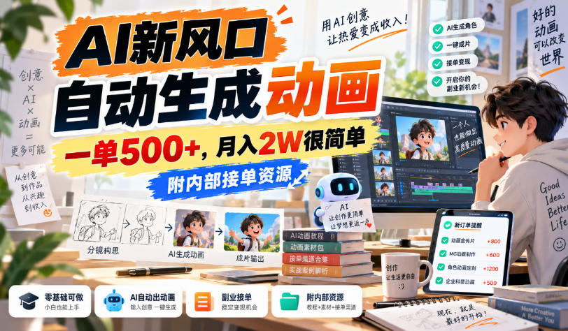 AI新风口,自动生成动画,一单500+,月入2W很简单,附内部接单资源【揭秘】-云科数创