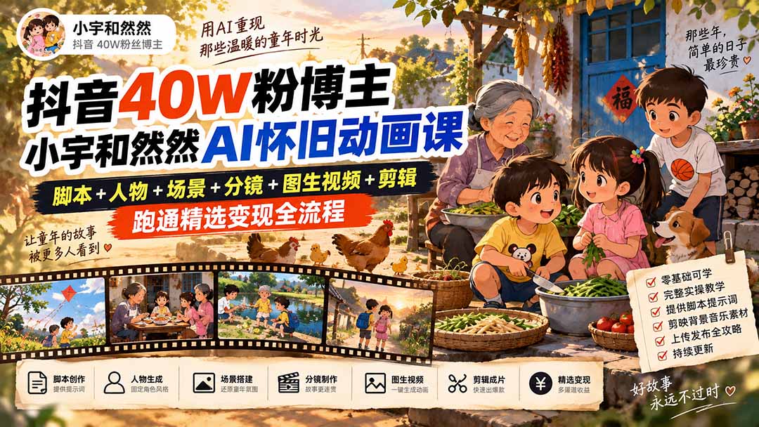 抖音40W粉博主小宇和然然AI怀旧动画课｜脚本+人物+场景+分镜+图生视频+剪辑，跑通精选变现全流程-云科数创