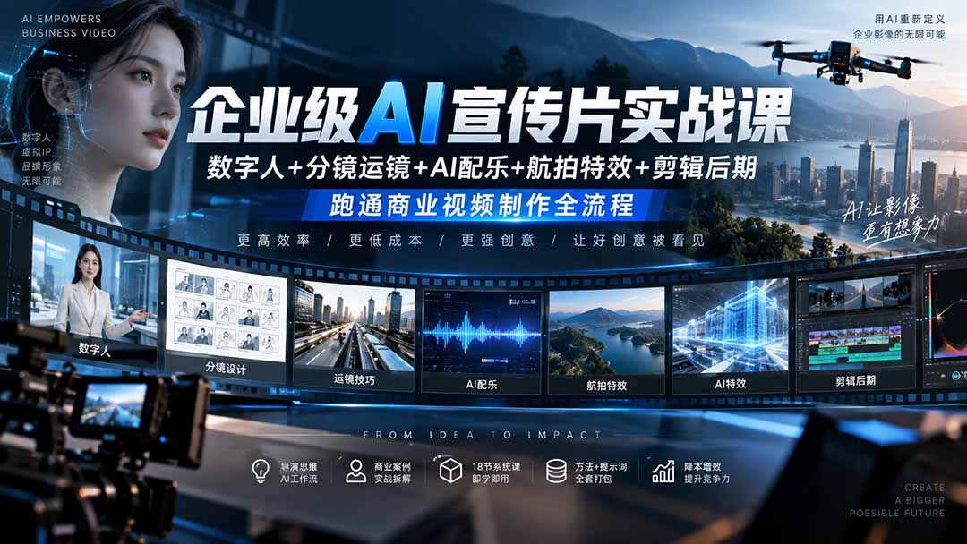 企业级AI宣传片实战课｜数字人+分镜运镜+AI配乐+航拍特效+剪辑后期，跑通商业视频制作全流程-云科数创