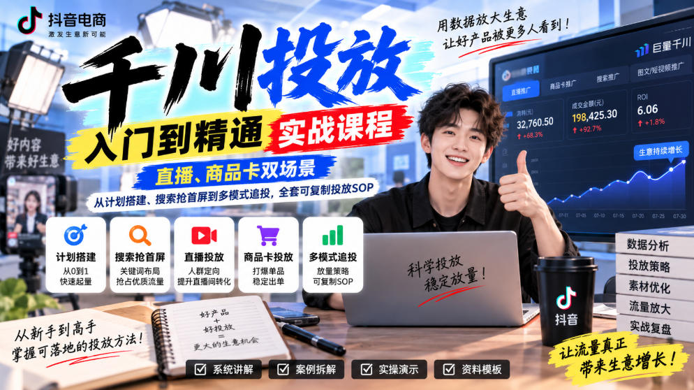 千川投放入门到精通实战课程，直播、商品卡双场景，从计划搭建、搜索抢首屏到多模式追投，全套可复制投放SOP-云科数创