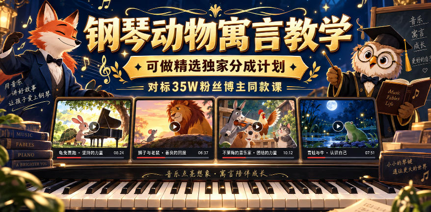 钢琴动物寓言教学，可做精选独家分成计划，对标35W粉丝博主同款课-云科数创