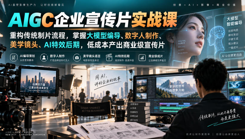 AIGC企业宣传片实战课，重构传统制片流程，掌握大模型编导、数字人制作、美学镜头、AI特效后期，低成本产出商业级宣传片-云科数创