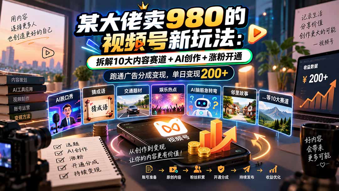 某大佬卖980的视频号新玩法：拆解10大内容赛道+AI创作+涨粉开通，跑通广告分成变现，单日变现200+-云科数创