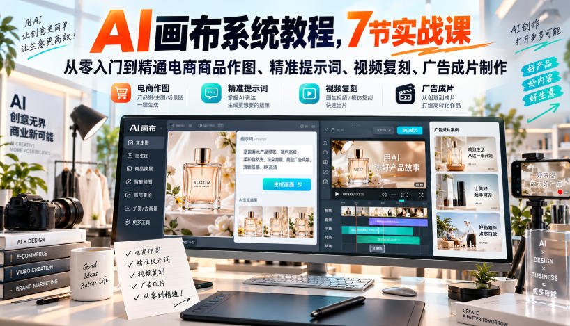 AI画布系统教程，7节实战课从零入门到精通电商商品作图、精准提示词、视频复刻、广告成片制作-云科数创