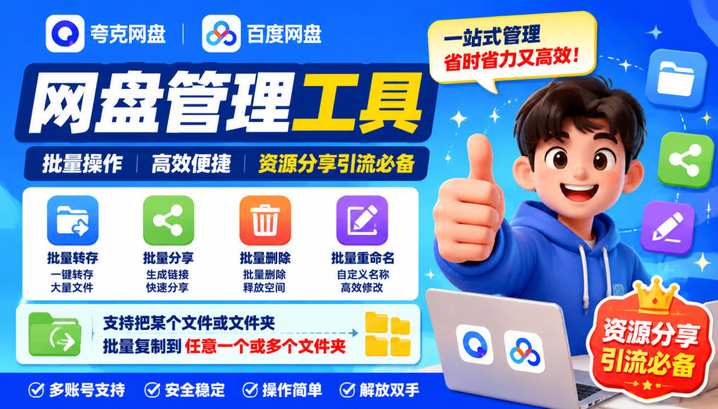 夸克网盘批量文件重命名,批量转存、批量分享、批量复制,内置AI功能-云科数创