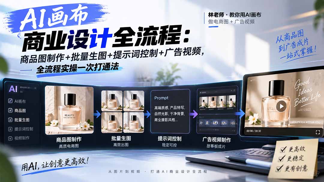 AI画布商业设计全流程：商品图制作+批量生图+提示词控制+广告视频，全流程实操一次打通法-云科数创