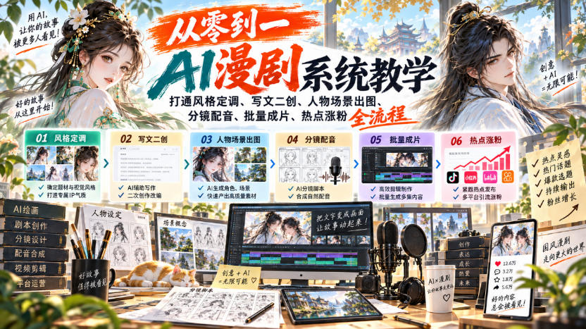 从零到一AI漫剧系统教学，打通风格定调、写文二创、人物场景出图、分镜配音、批量成片、热点涨粉全流程-云科数创
