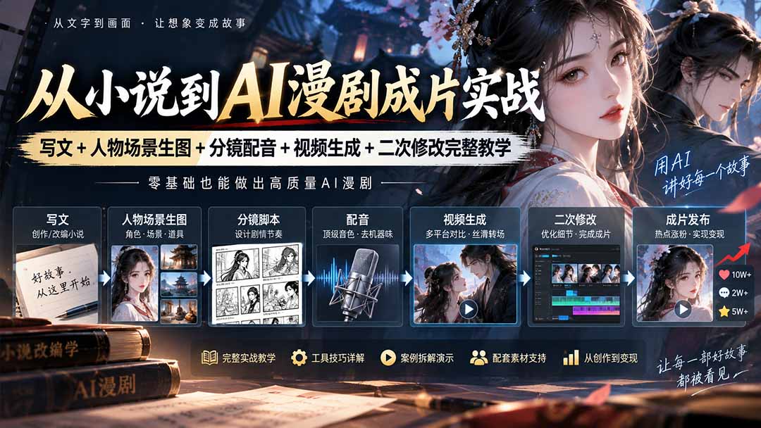 从小说到AI漫剧成片实战：写文+人物场景生图+分镜配音+视频生成+二次修改完整教学-云科数创