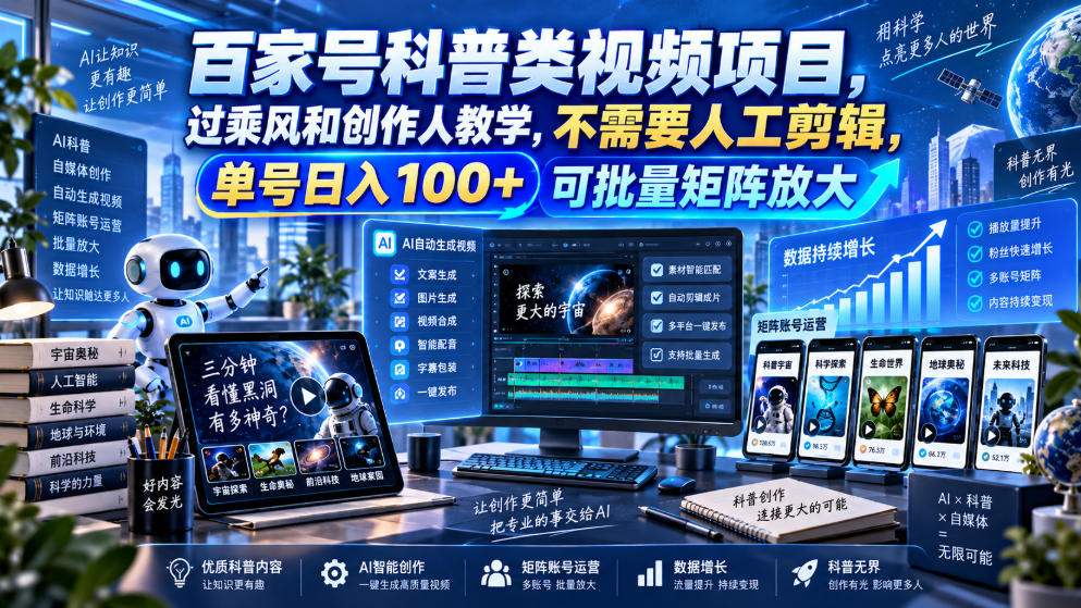 百家号科普类视频项目，过乘风和创作人教学，不需要人工剪辑，单号日入100+可批量矩阵放大-云科数创
