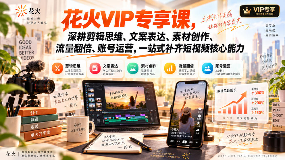 花火VIP专享课，深耕剪辑思维、文案表达、素材创作、流量翻倍、账号运营，一站式补齐短视频核心能力-云科数创