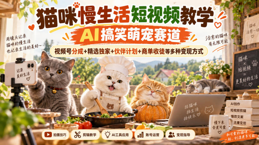 猫咪慢生活短视频教学，AI搞笑萌宠赛道，视频号分成+精选独家+伙伴计划+商单收徒等多种变现方式-云科数创