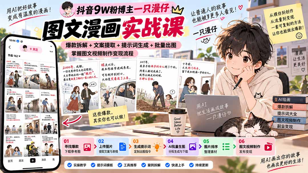 抖音9W粉博主一只漫仔图文漫画课：爆款拆解+文案提取+提示词生成+批量出图，掌握图文视频制作变现流程-云科数创